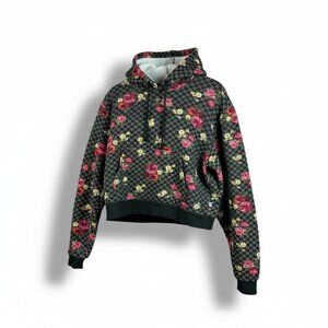 VANS Botanical Check Crop Hoodie Women Black Gray Checkerboard Floral Sweatshirt